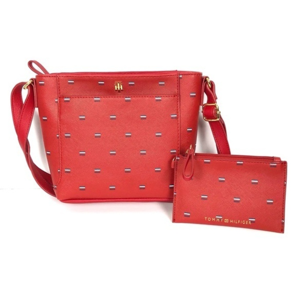 Tommy Hilfiger Women's Red Shoulder Purse w Detachable Pouch Logo Pattern NWOT